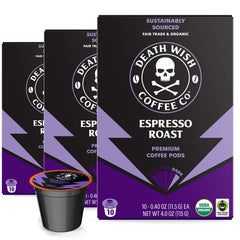 Death Wish Coffee Espresso Roast Pods front packaging—bold branding for quick mornings