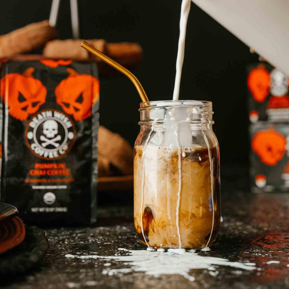 Death Wish Coffee beans with Fair Trade label, ethical sourcing.