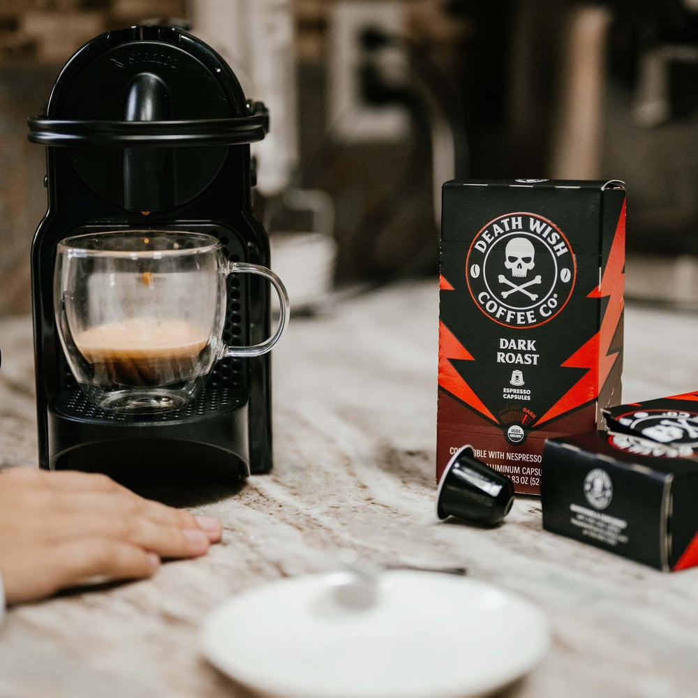 Death Wish Coffee flavor notes cherry and cocoa on label.