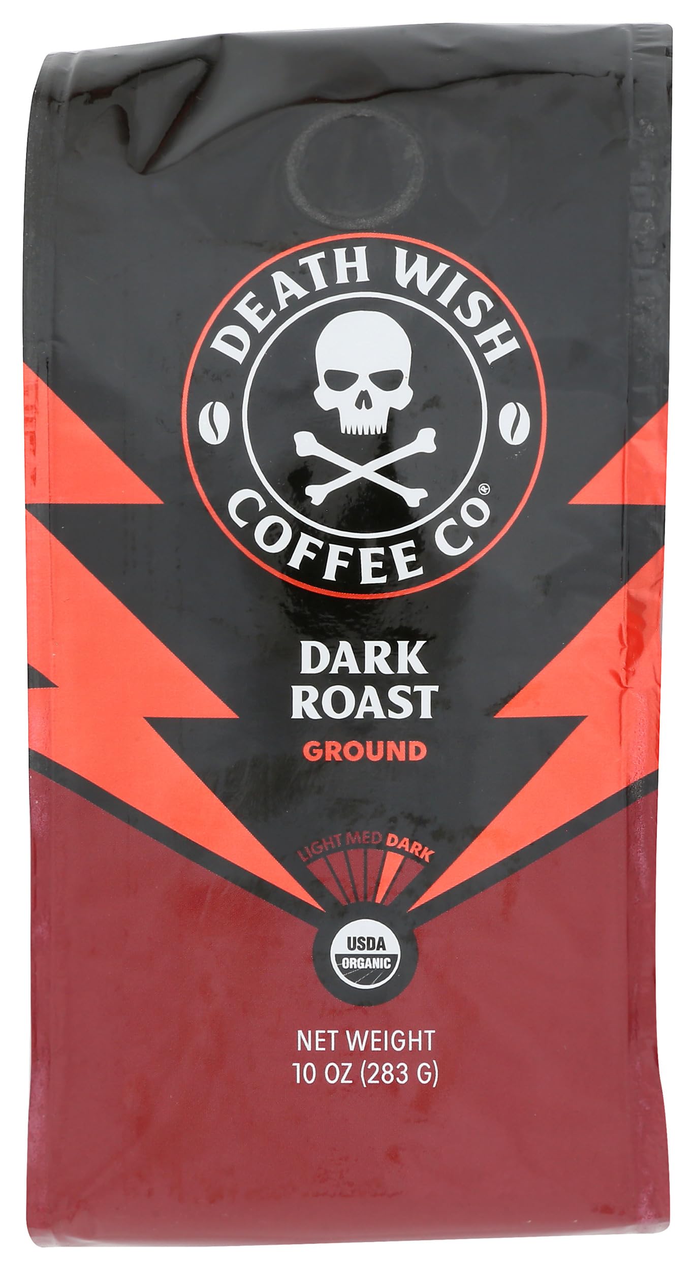 Death Wish Coffee ground dark roast in bag opening, signaling premium quality and aroma.