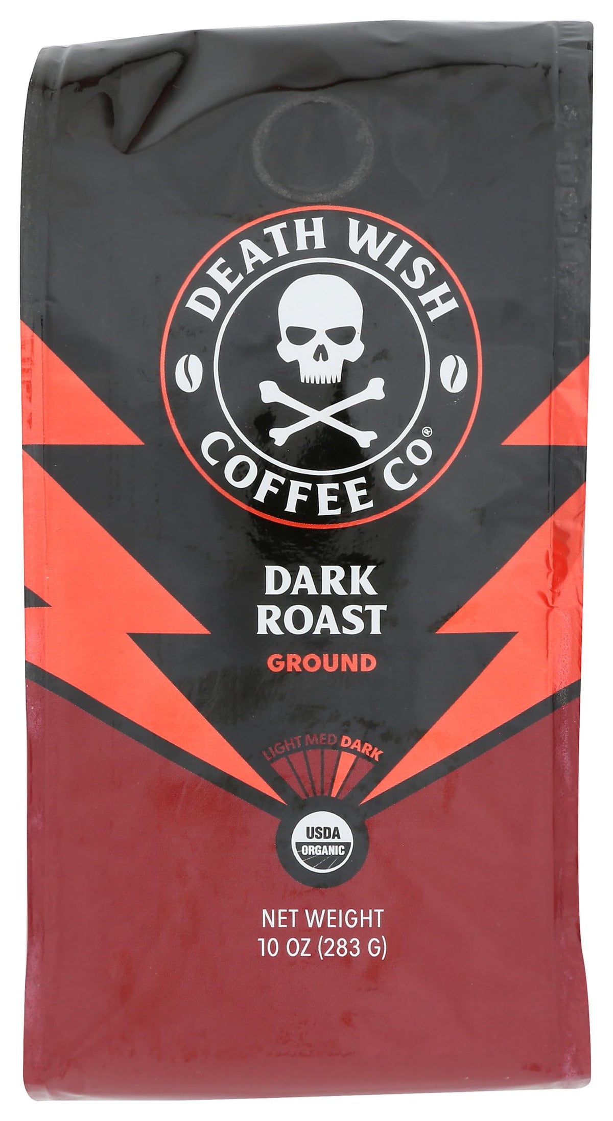 Death Wish Coffee ground dark roast in bag opening, signaling premium quality and aroma.