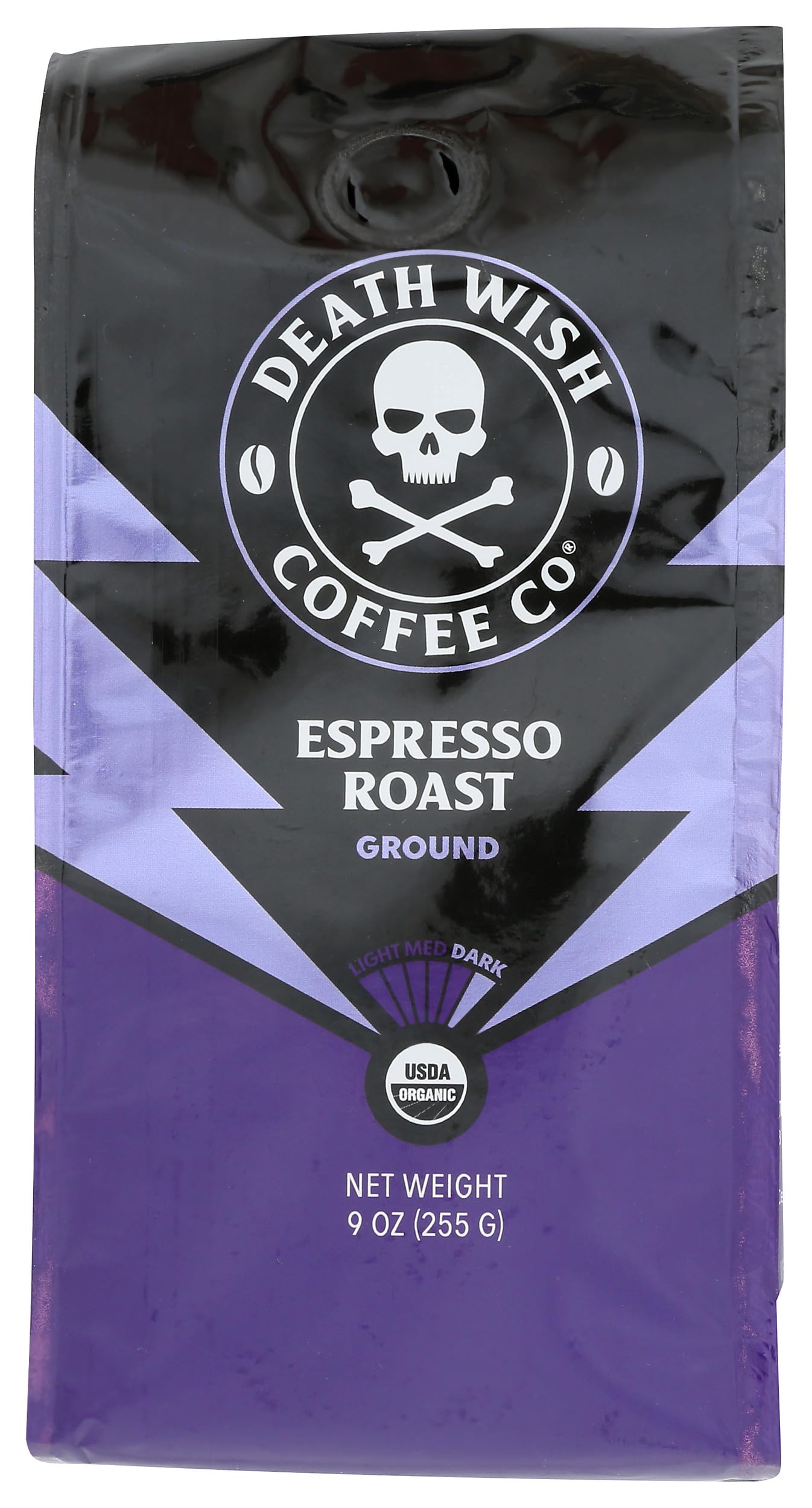 Death Wish Coffee Ground Espresso 9oz bag highlights premium ingredients for bold brews.