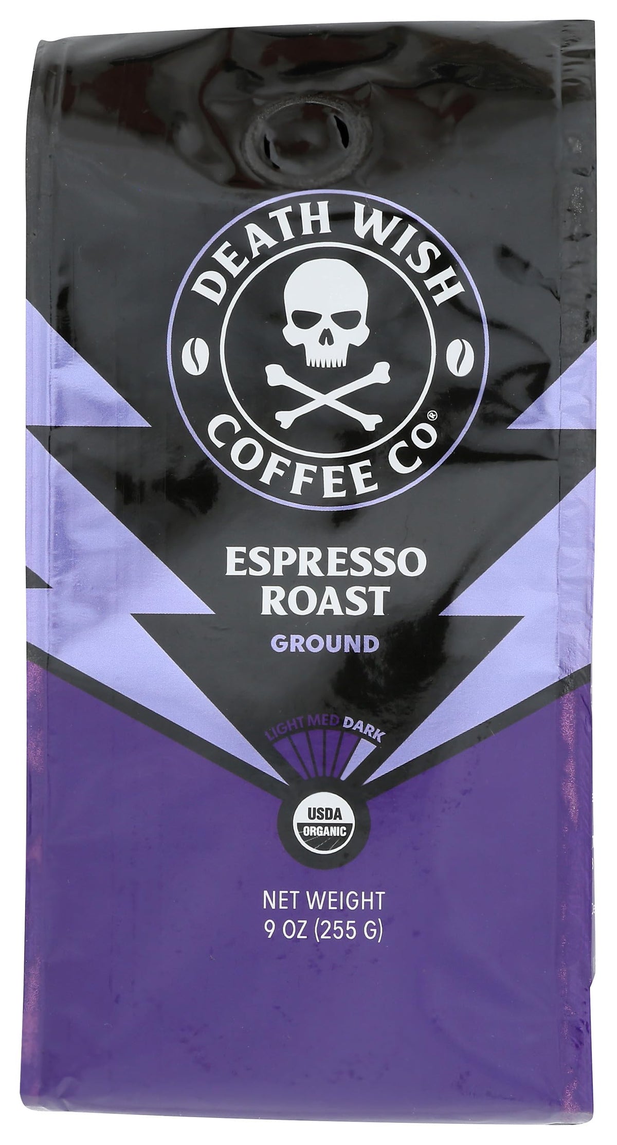 Death Wish Coffee Ground Espresso 9oz bag highlights premium ingredients for bold brews.