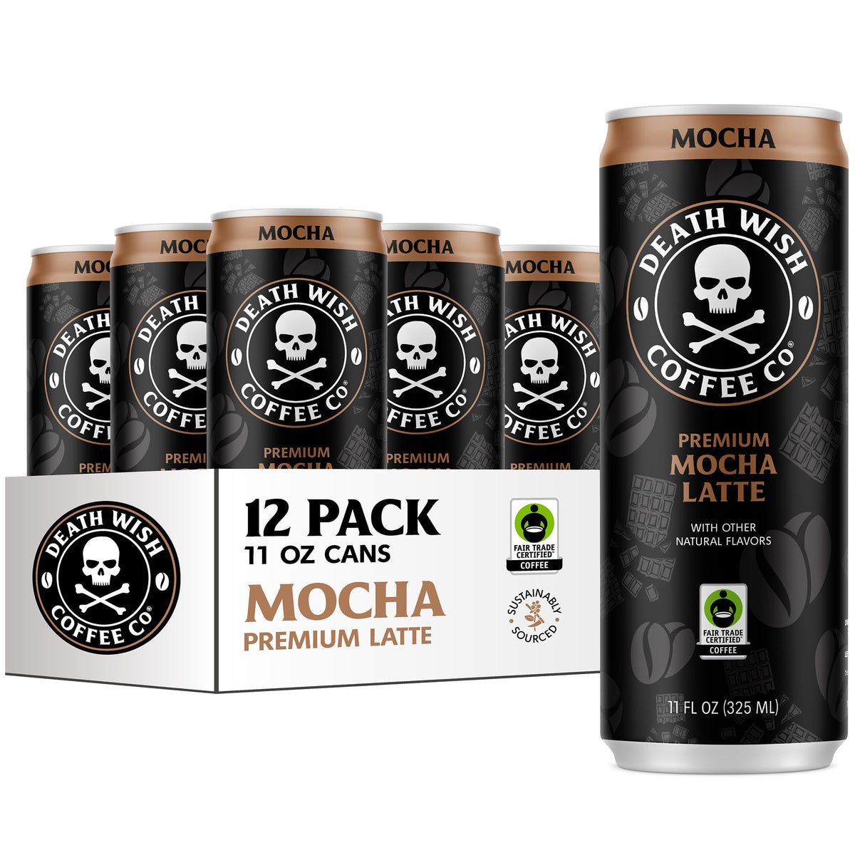 Death Wish Coffee iced cold brew latte pouring over ice for bold energy.
