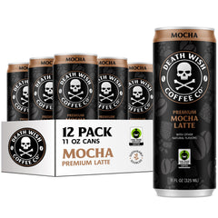Death Wish Coffee iced cold brew latte pouring over ice for bold energy.