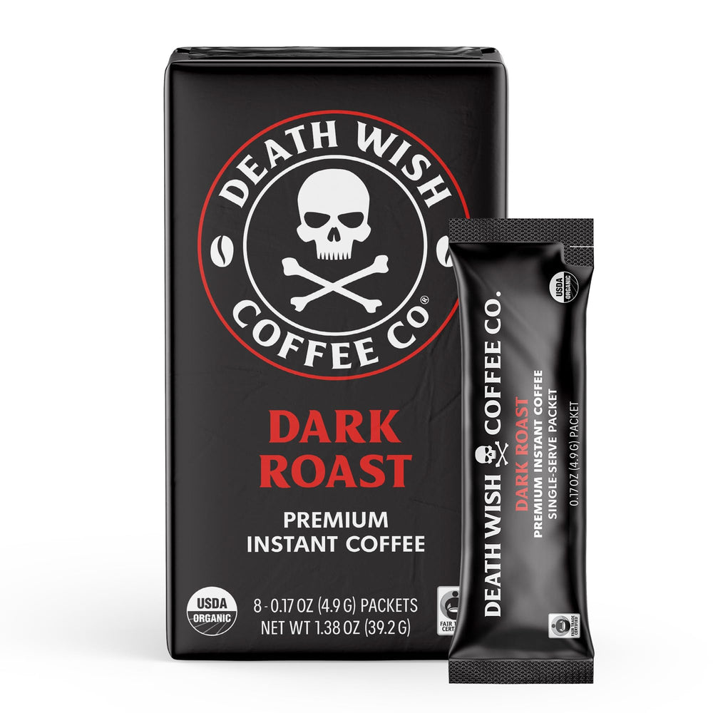 Death Wish Coffee instant dark roast packets close-up for quick, bold single-serve brewing.
