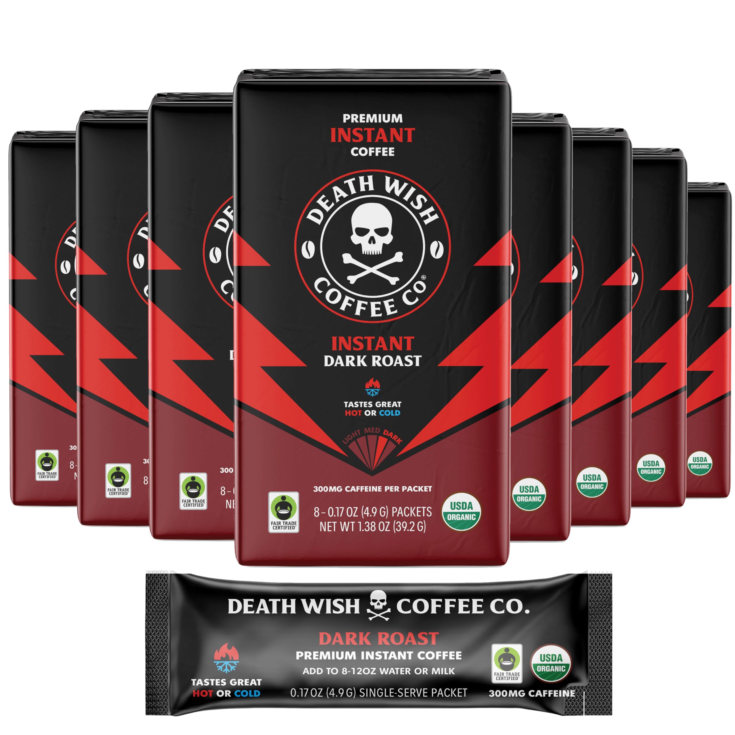 Death Wish Coffee instant dark roast packets pictured for fast, robust brew