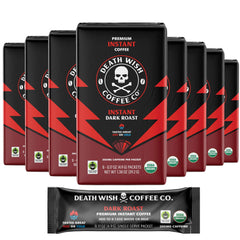Death Wish Coffee instant dark roast packets pictured for fast, robust brew