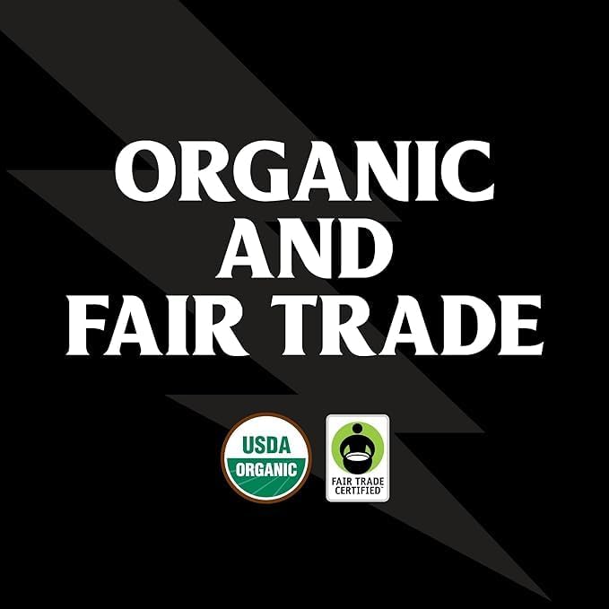 Death Wish Coffee light roast label showing organic and fair trade certifications