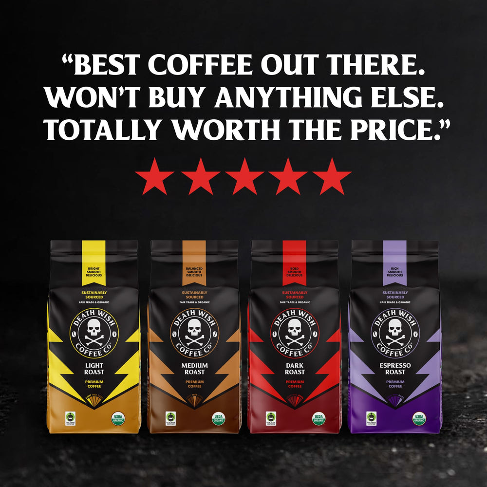 Death Wish Coffee light roast modern bold package design on shelf