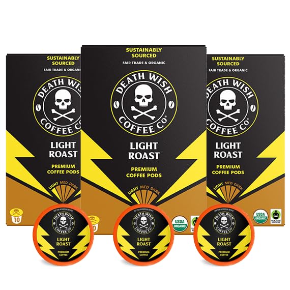Death Wish Coffee light roast pods packaging shows organic and fair trade certification.