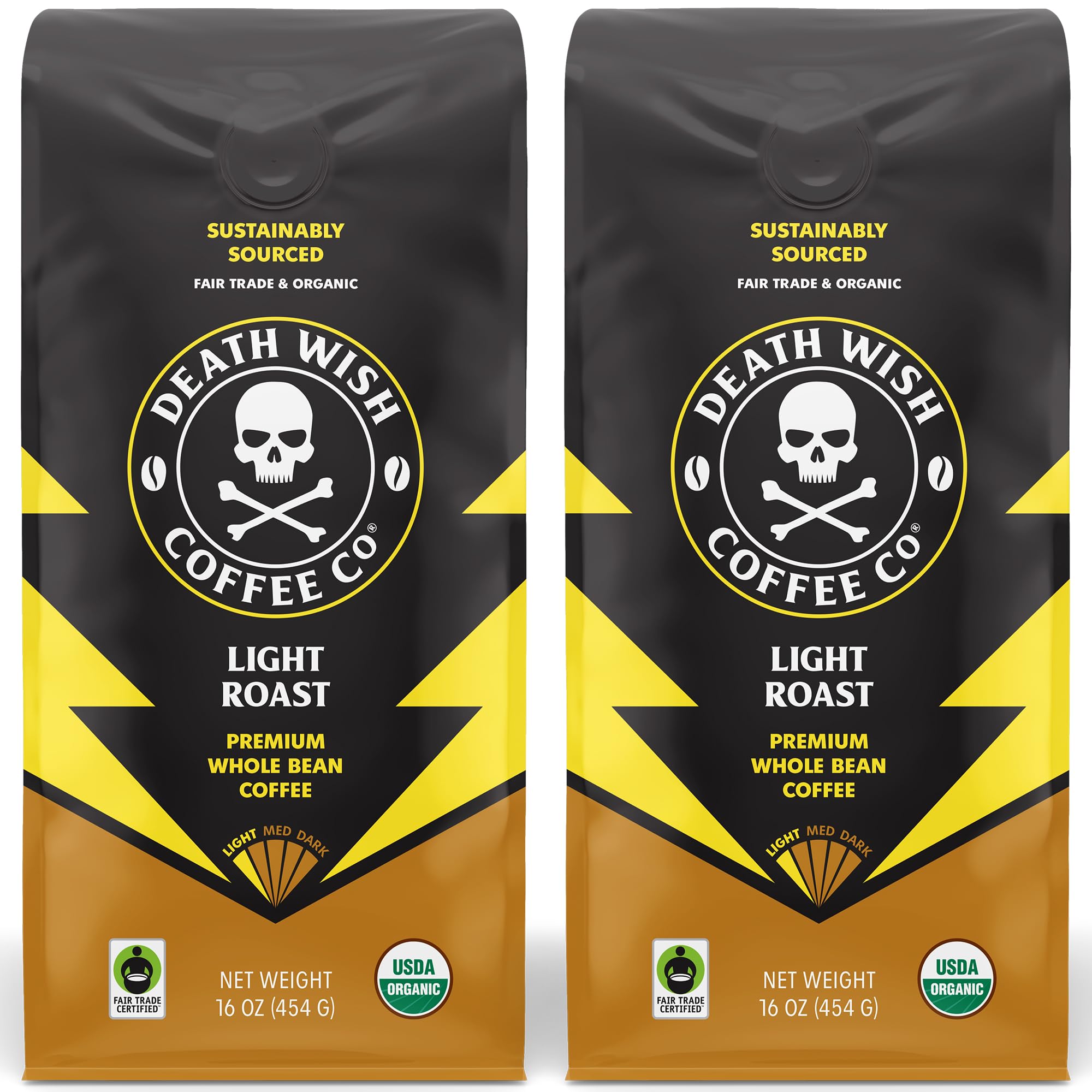 Death Wish Coffee light roast whole bean bag close up for a bold morning routine