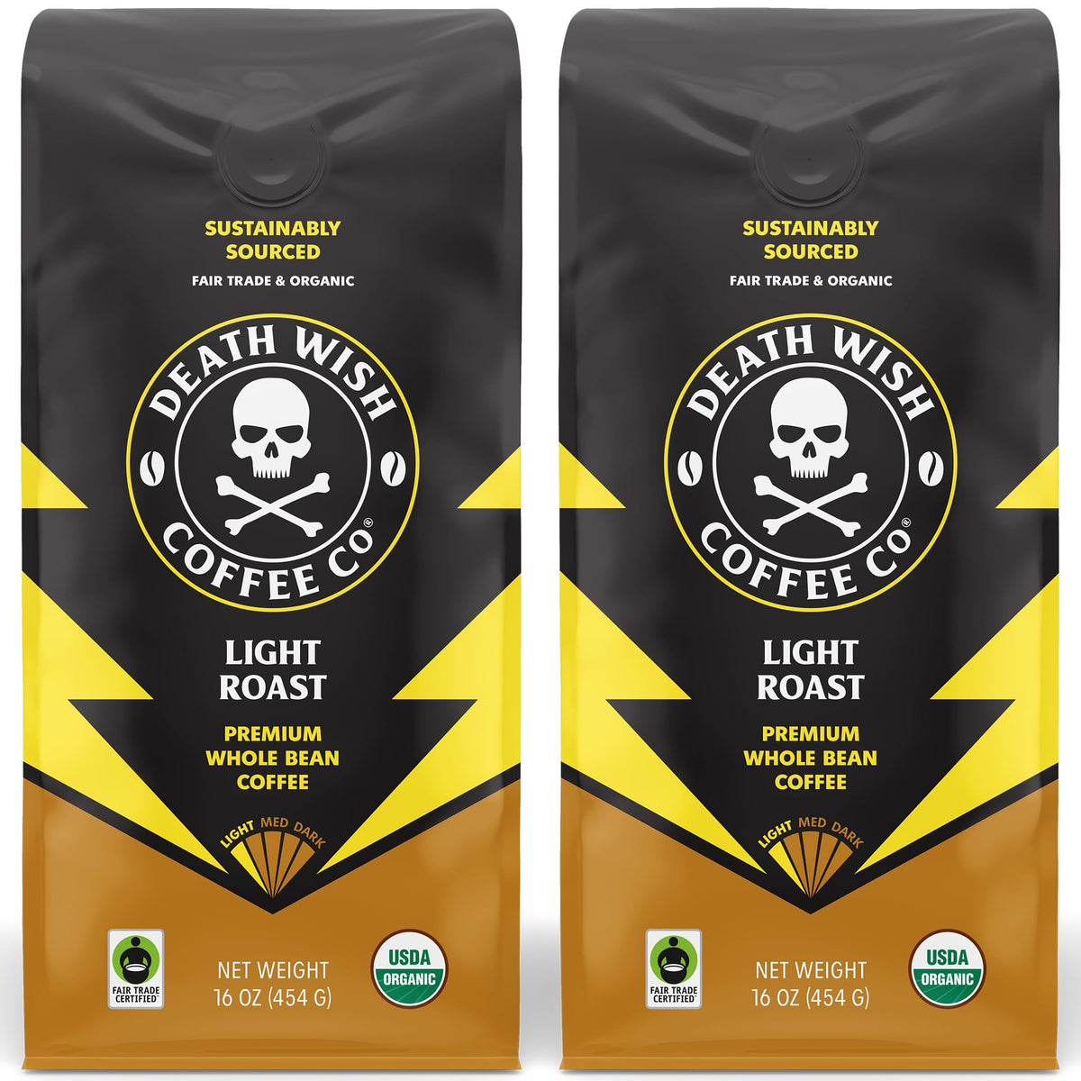 Death Wish Coffee light roast whole bean bag close up for a bold morning routine