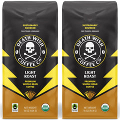 Death Wish Coffee light roast whole bean bag close up for a bold morning routine