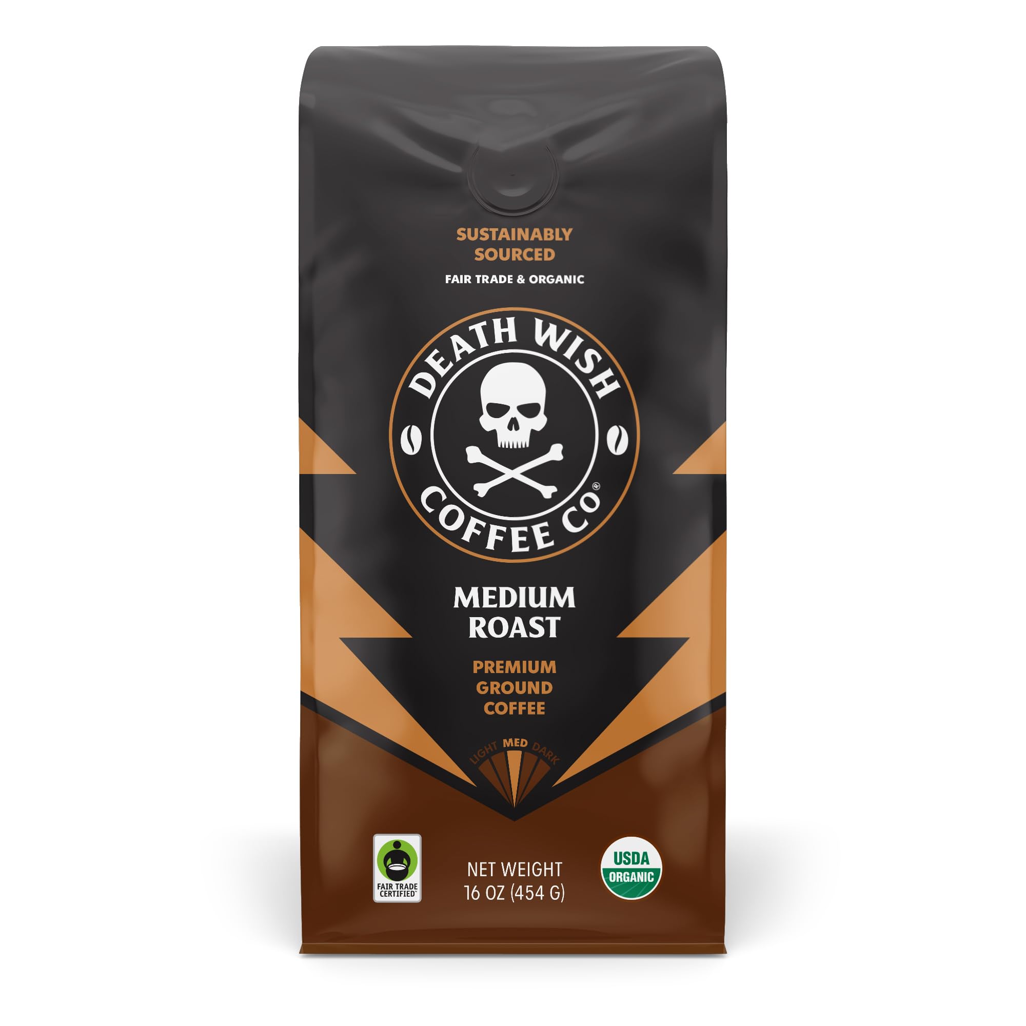 Death Wish Coffee medium roast ground 16oz bag with bold aroma and balanced flavor.