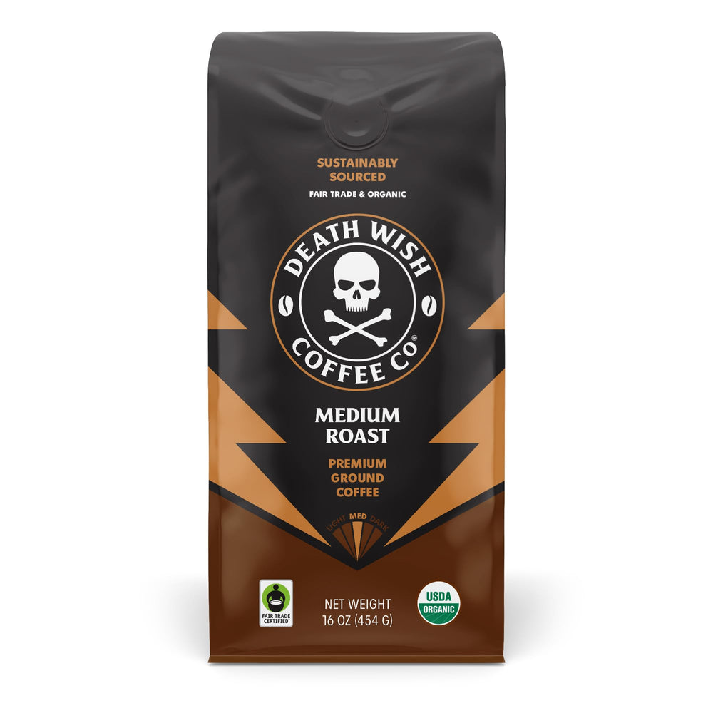 Death Wish Coffee medium roast ground 16oz bag with bold aroma and balanced flavor.