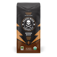 Death Wish Coffee medium roast ground 16oz bag with bold aroma and balanced flavor.