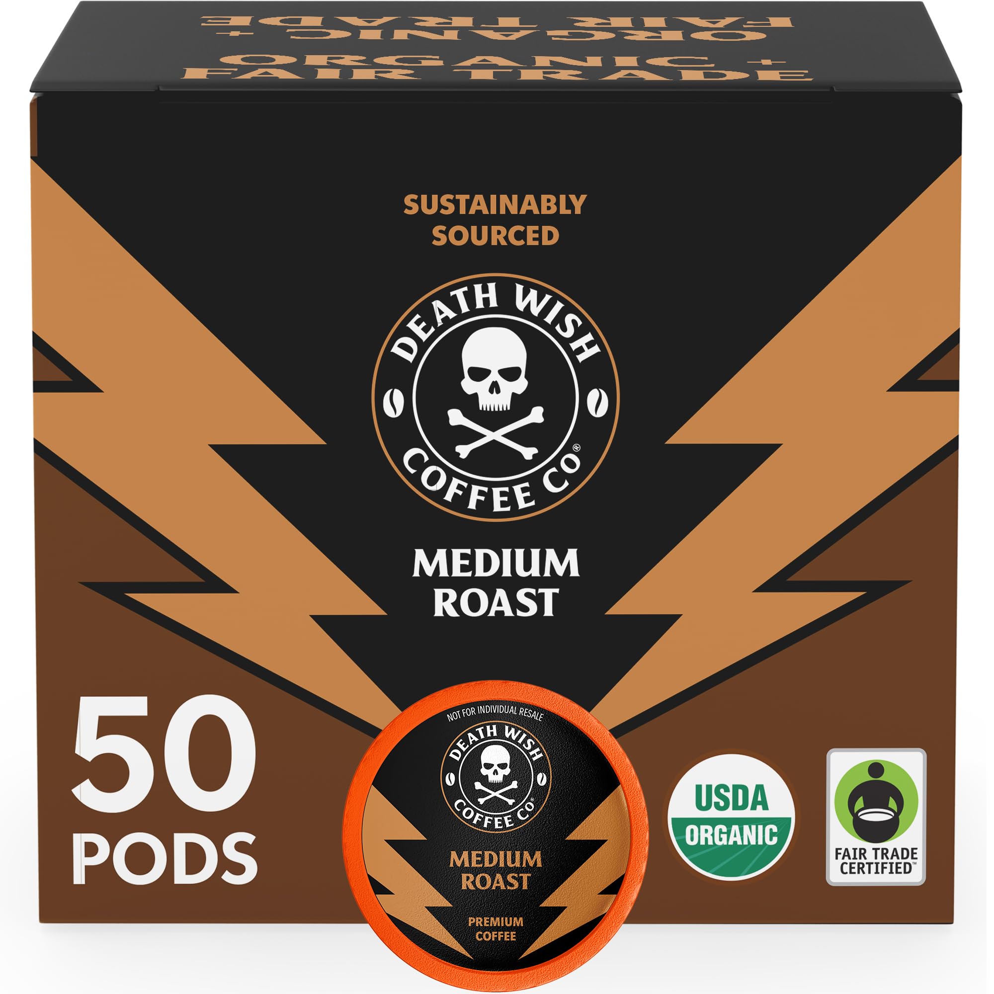 Death Wish Coffee medium roast pod pack shot highlights bold flavor for a strong morning