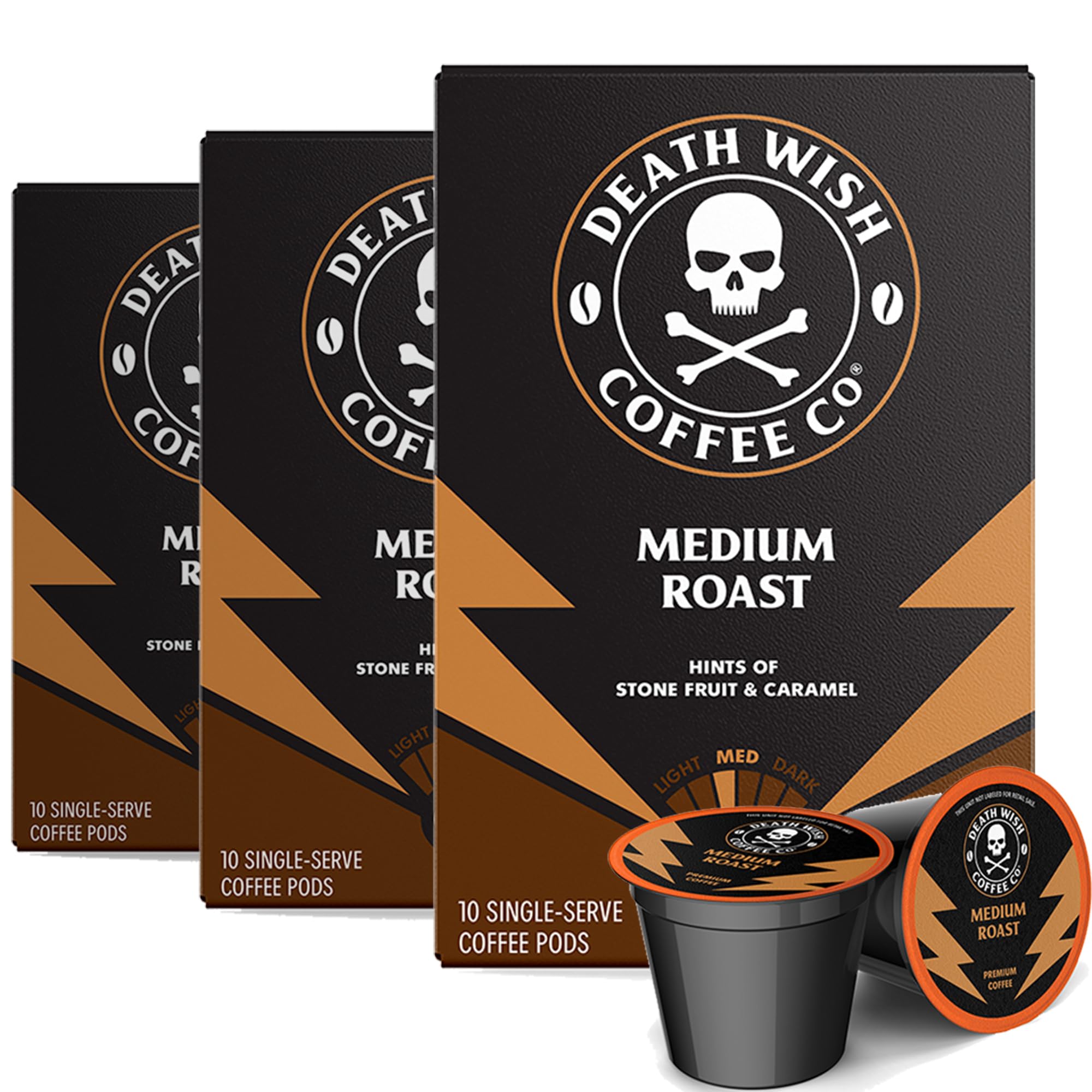 Death Wish Coffee medium roast pods viewed for a convenient, bold morning brew.