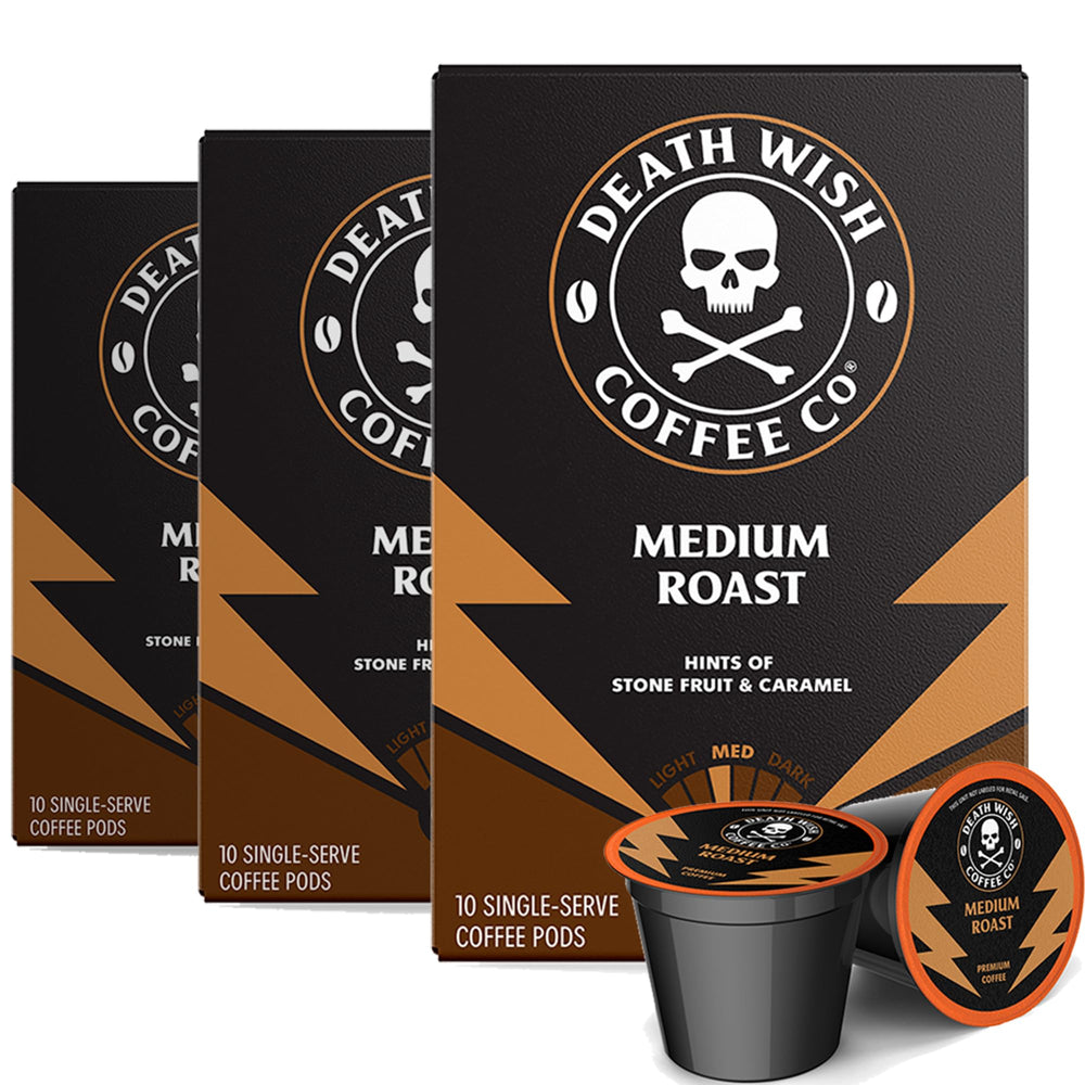 Death Wish Coffee medium roast pods viewed for a convenient, bold morning brew.