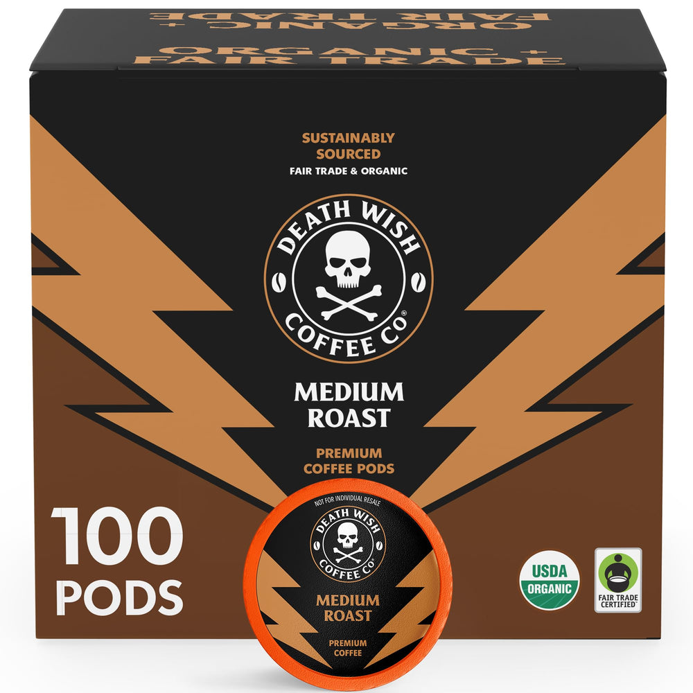 Death Wish Coffee medium roast pods packaging for quick, bold mornings.