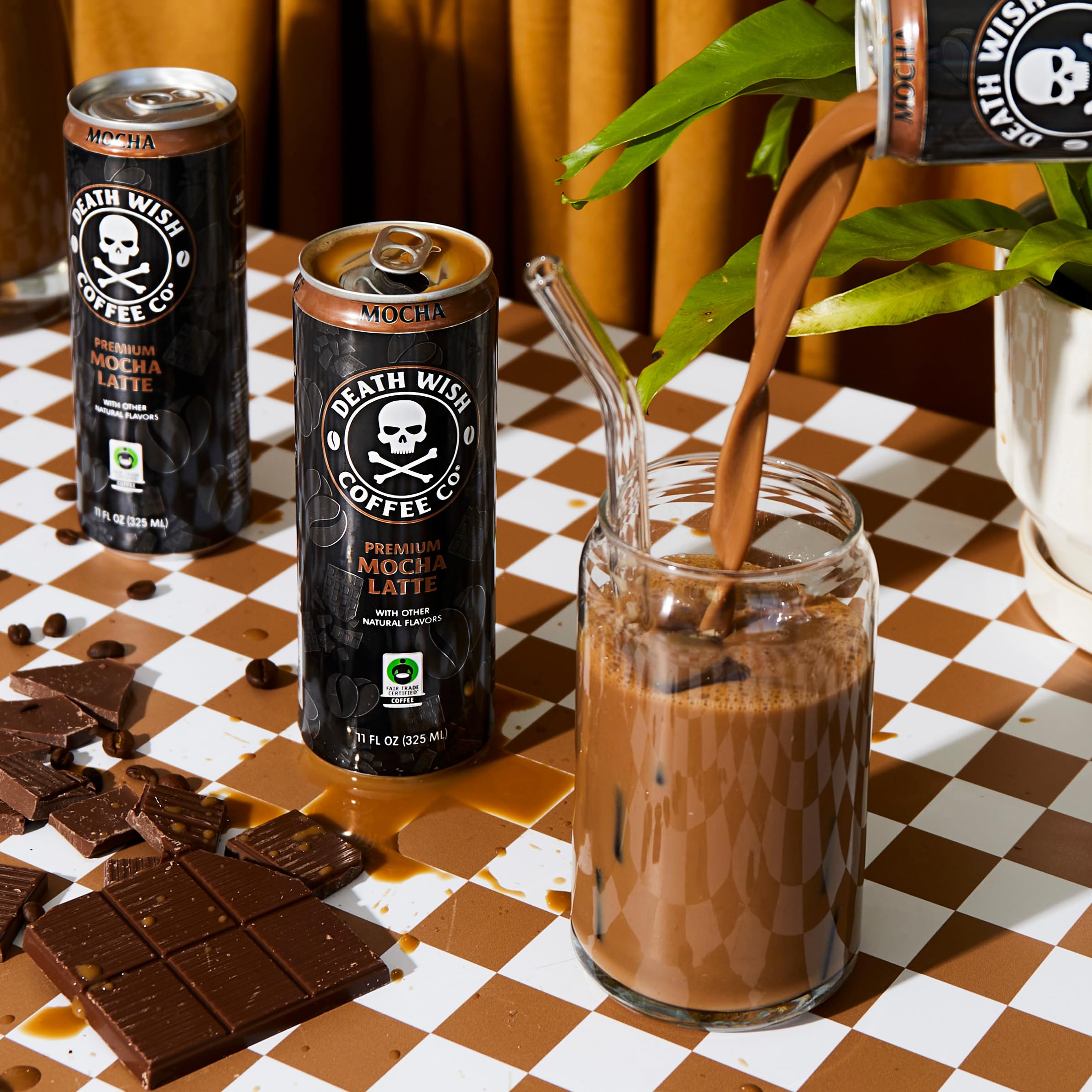 Death Wish Coffee milk chocolate notes in creamy latte close-up.