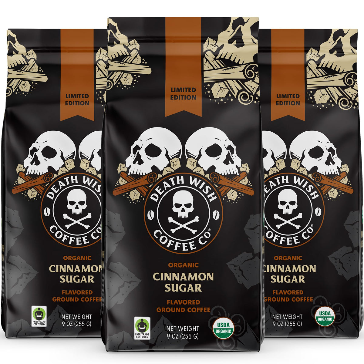 Death Wish Coffee Organic Cinnamon Sugar bag front shows premium organic blend for bold mornings