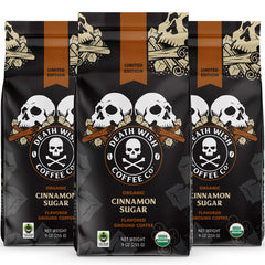 Death Wish Coffee Organic Cinnamon Sugar bag front shows premium organic blend for bold mornings