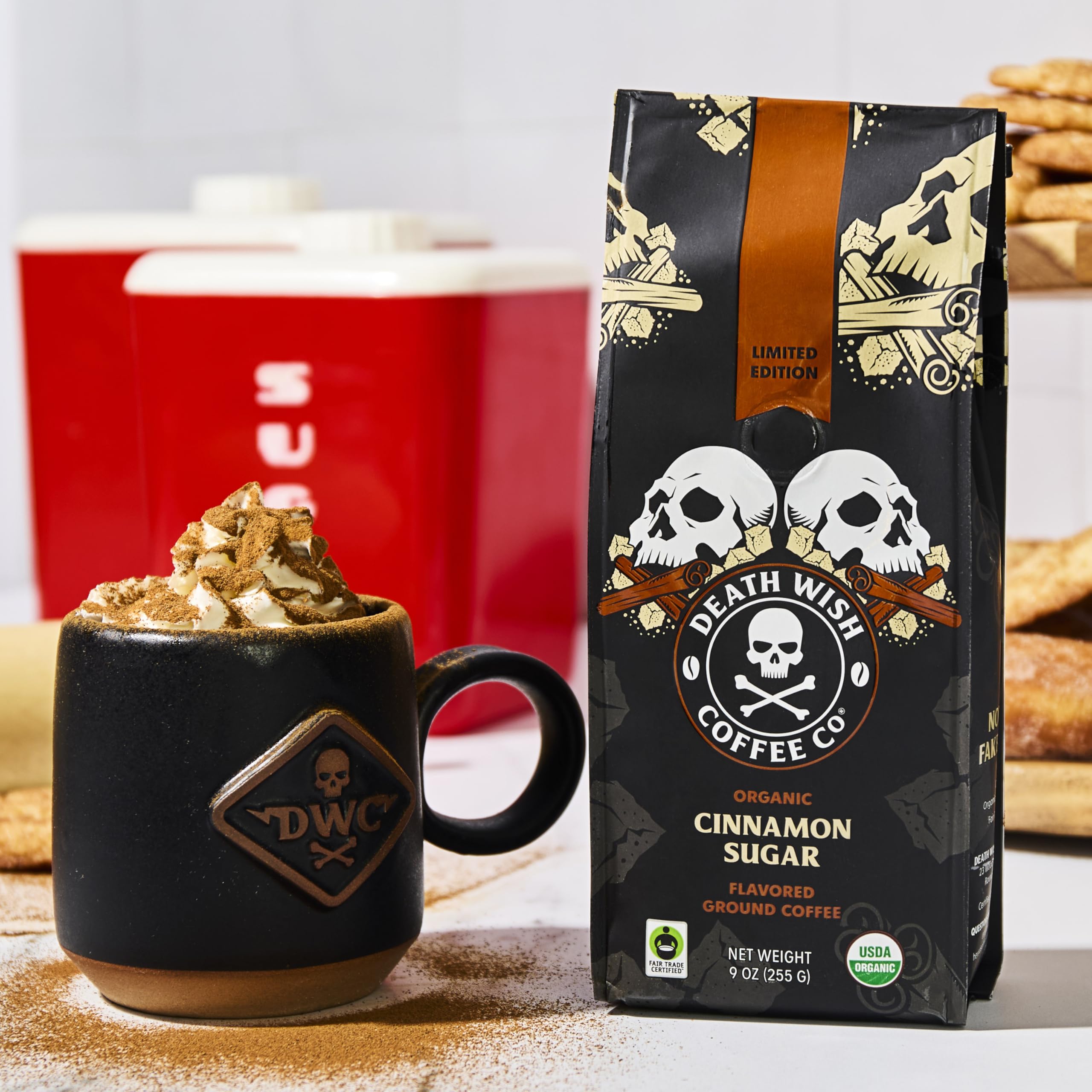 Death Wish Coffee Cinnamon Sugar scoop closeup highlights natural flavoring