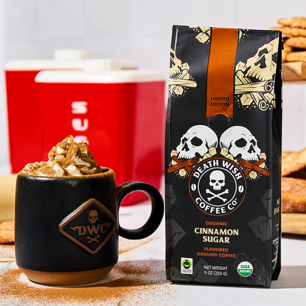 Death Wish Coffee Cinnamon Sugar scoop closeup highlights natural flavoring