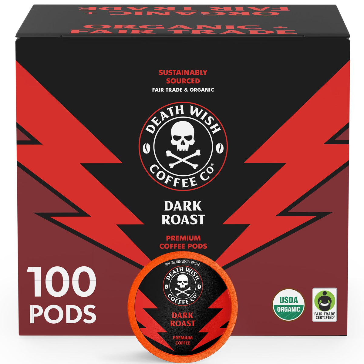 Death Wish Coffee organic dark roast pods packaging shows organic and fair trade sourcing for convenience.