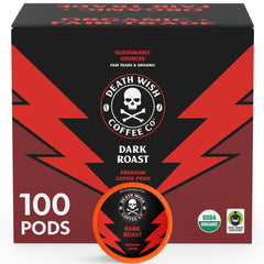 Death Wish Coffee organic dark roast pods packaging shows organic and fair trade sourcing for convenience.