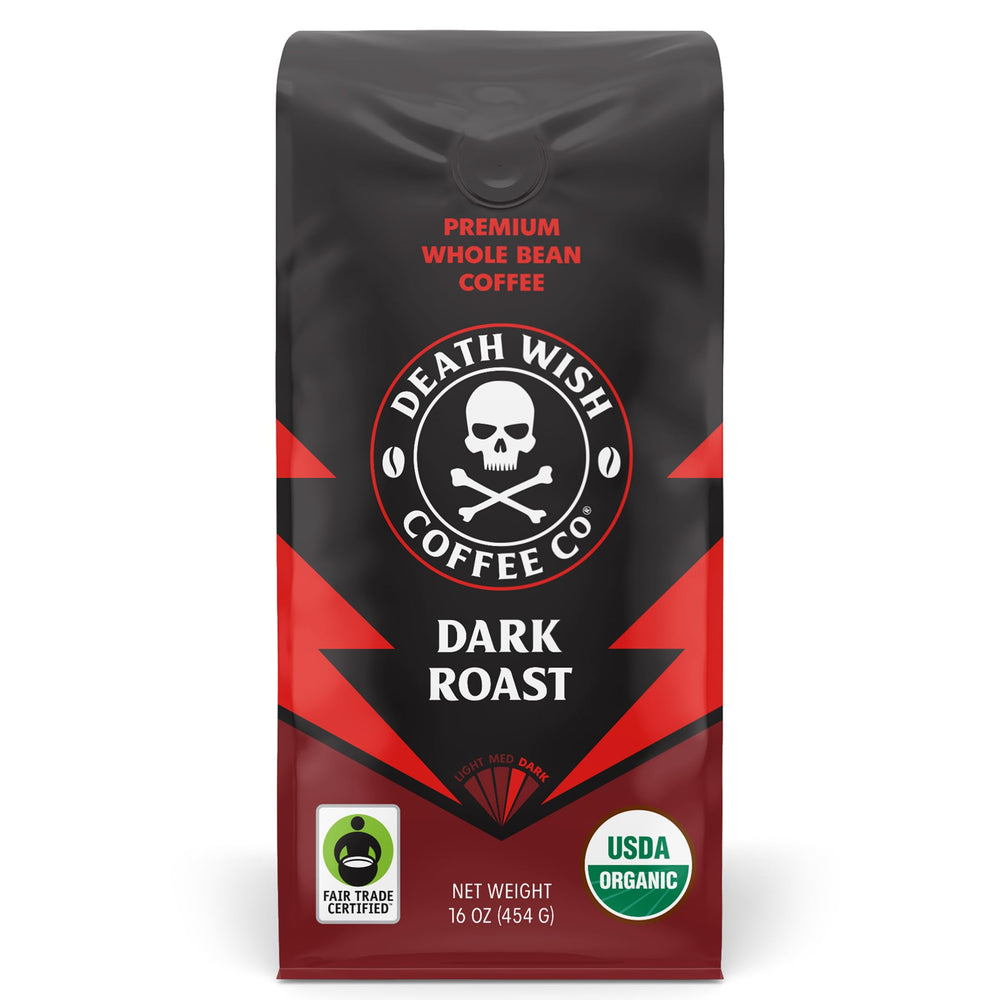 Death Wish Coffee organic fair-trade dark roast bag with bold aroma ready to brew.
