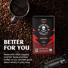 Death Wish Coffee organic packaging and packets showcasing USDA Organic certification and premium blend.