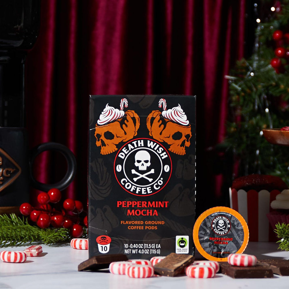 Death Wish Coffee Peppermint Mocha pod closeup shows chocolate and peppermint notes