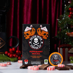 Death Wish Coffee Peppermint Mocha pod closeup shows chocolate and peppermint notes