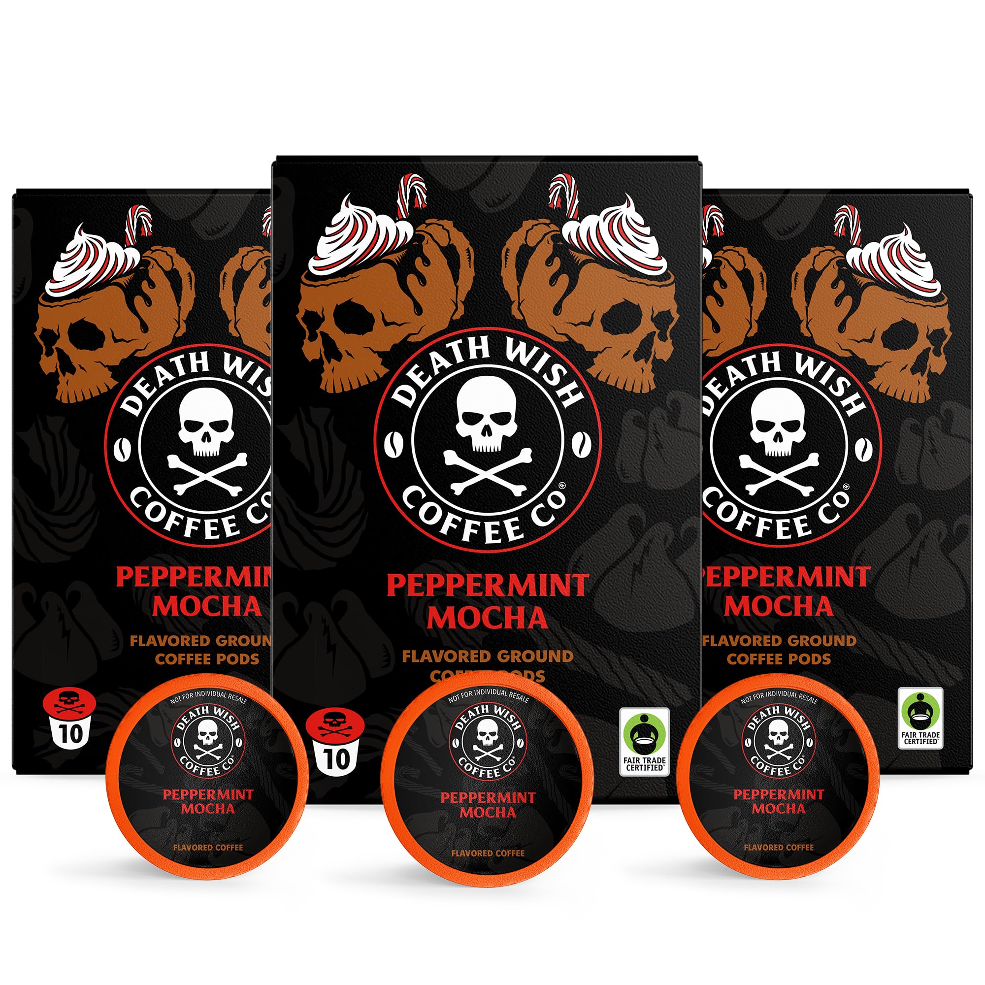 Death Wish Coffee Peppermint Mocha pods pack highlights bold flavor options