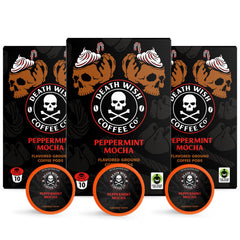 Death Wish Coffee Peppermint Mocha pods pack highlights bold flavor options