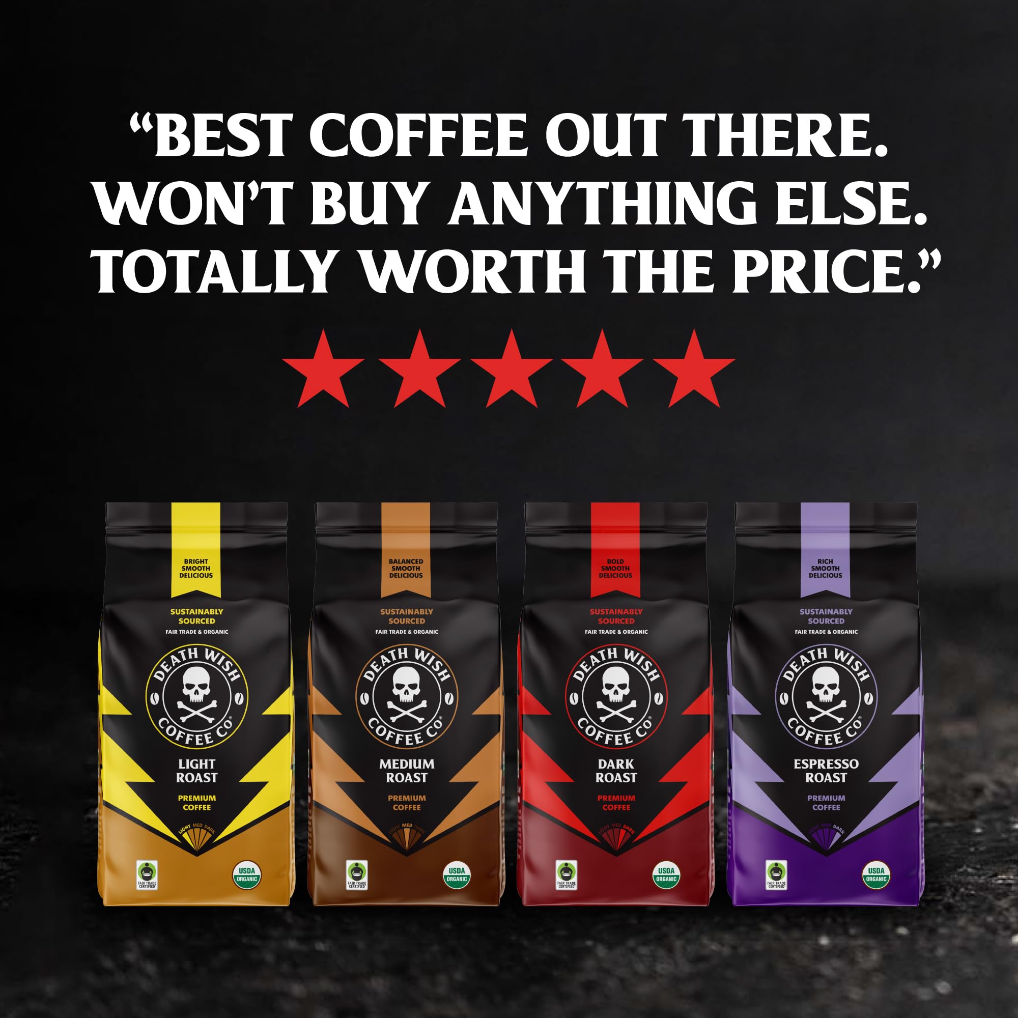 Death Wish Coffee pouring shot showcasing bold, quick espresso ritual.