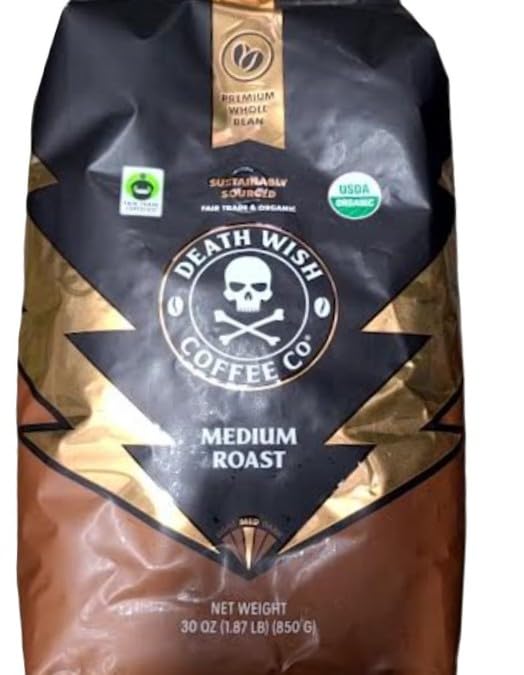 Death Wish Coffee premium organic whole bean, medium roast, ideal for a bold morning brew.