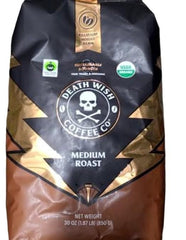 Death Wish Coffee premium organic whole bean, medium roast, ideal for a bold morning brew.