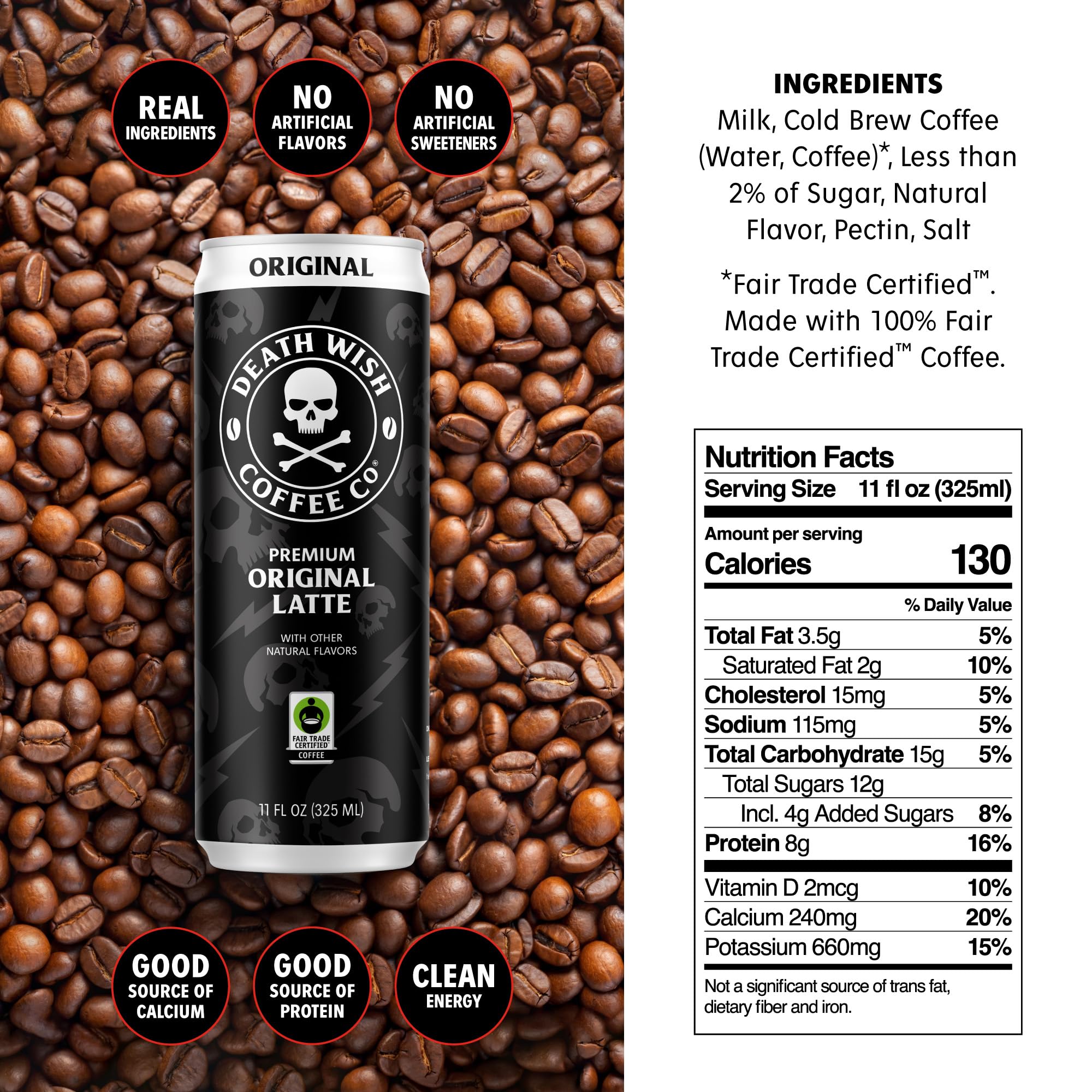 Death Wish Coffee protein iced latte can offers creamy texture and on-the-go protein.