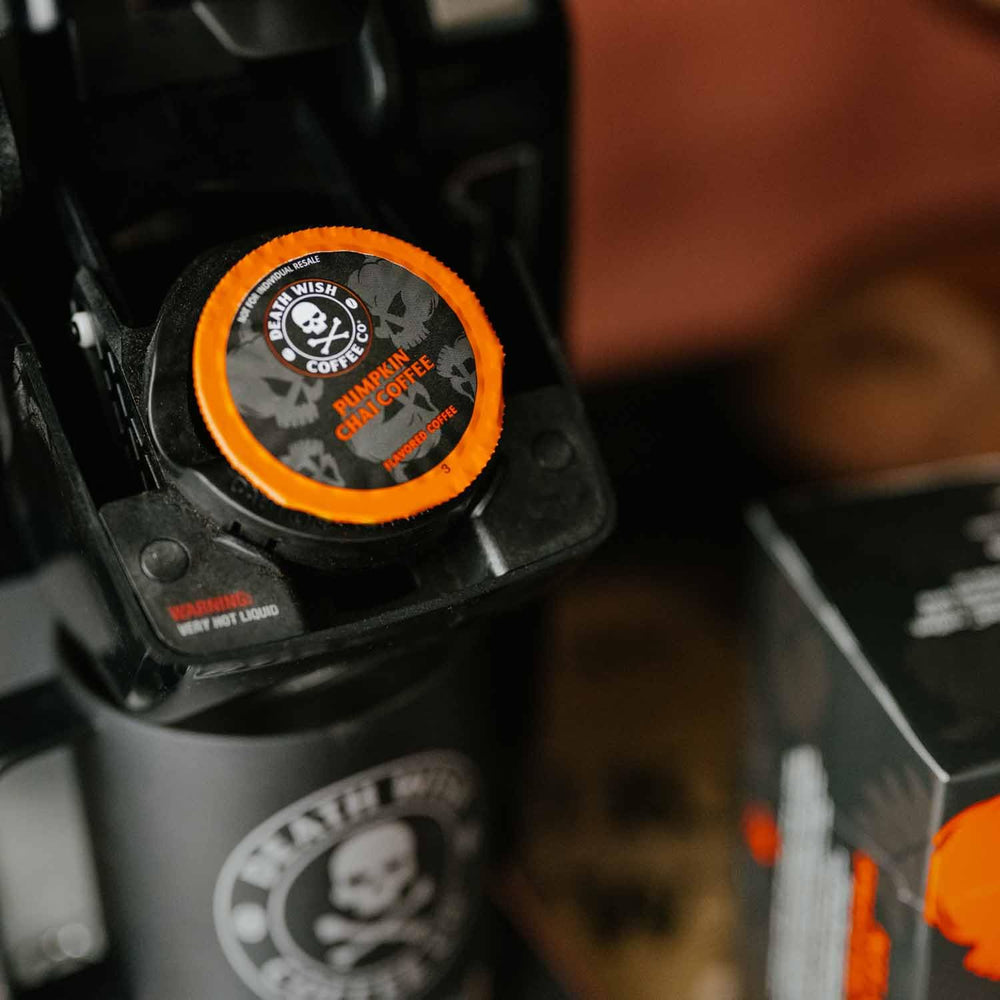 Death Wish Pumpkin Chai pods Keurig-compatible for quick brews.