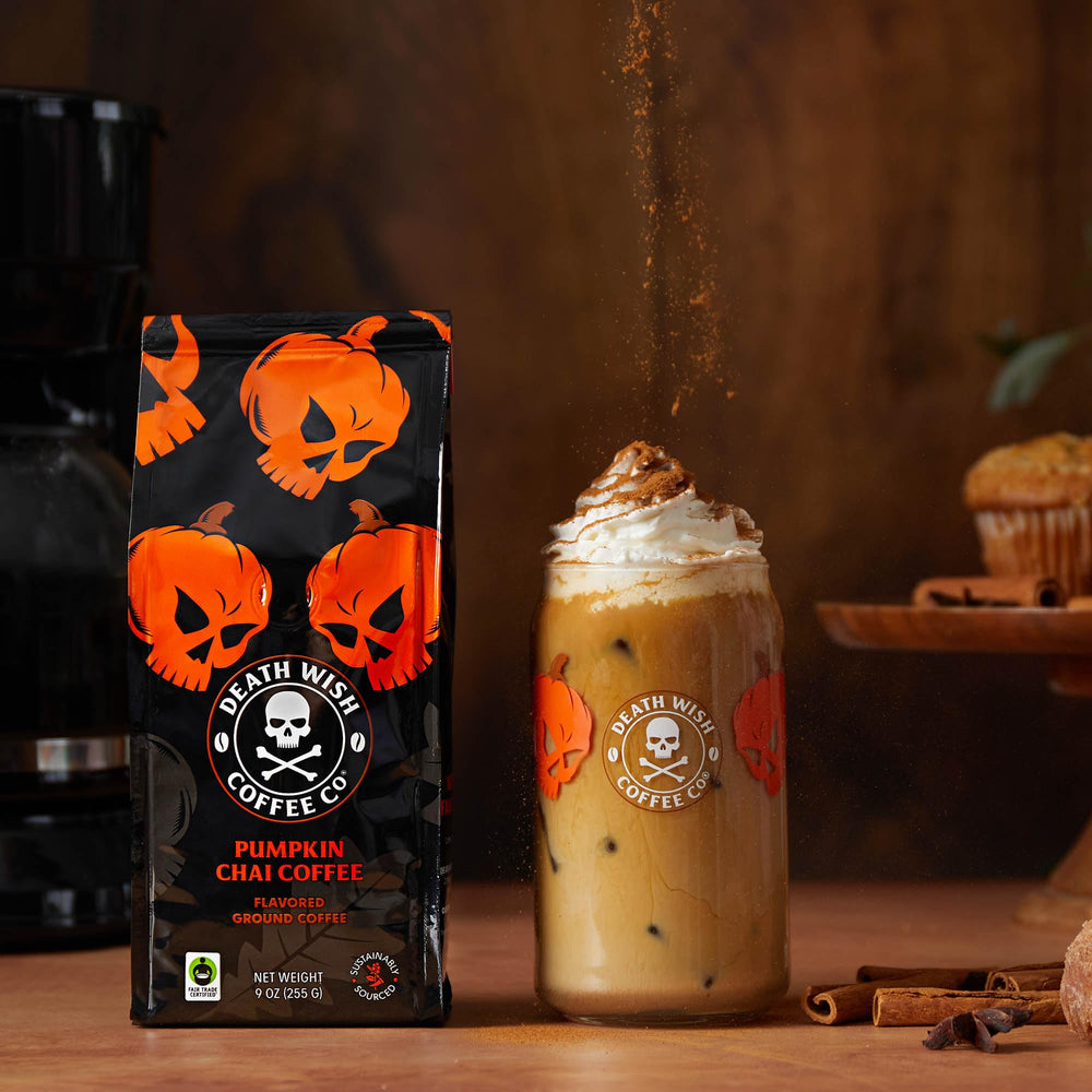 Death Wish Coffee pumpkin ground bag closeup showing fair trade beans and robust aroma