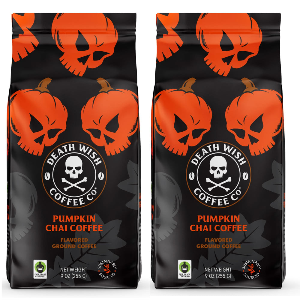 Death Wish Coffee pumpkin ground label promoting bold pumpkin spice for energizing mornings