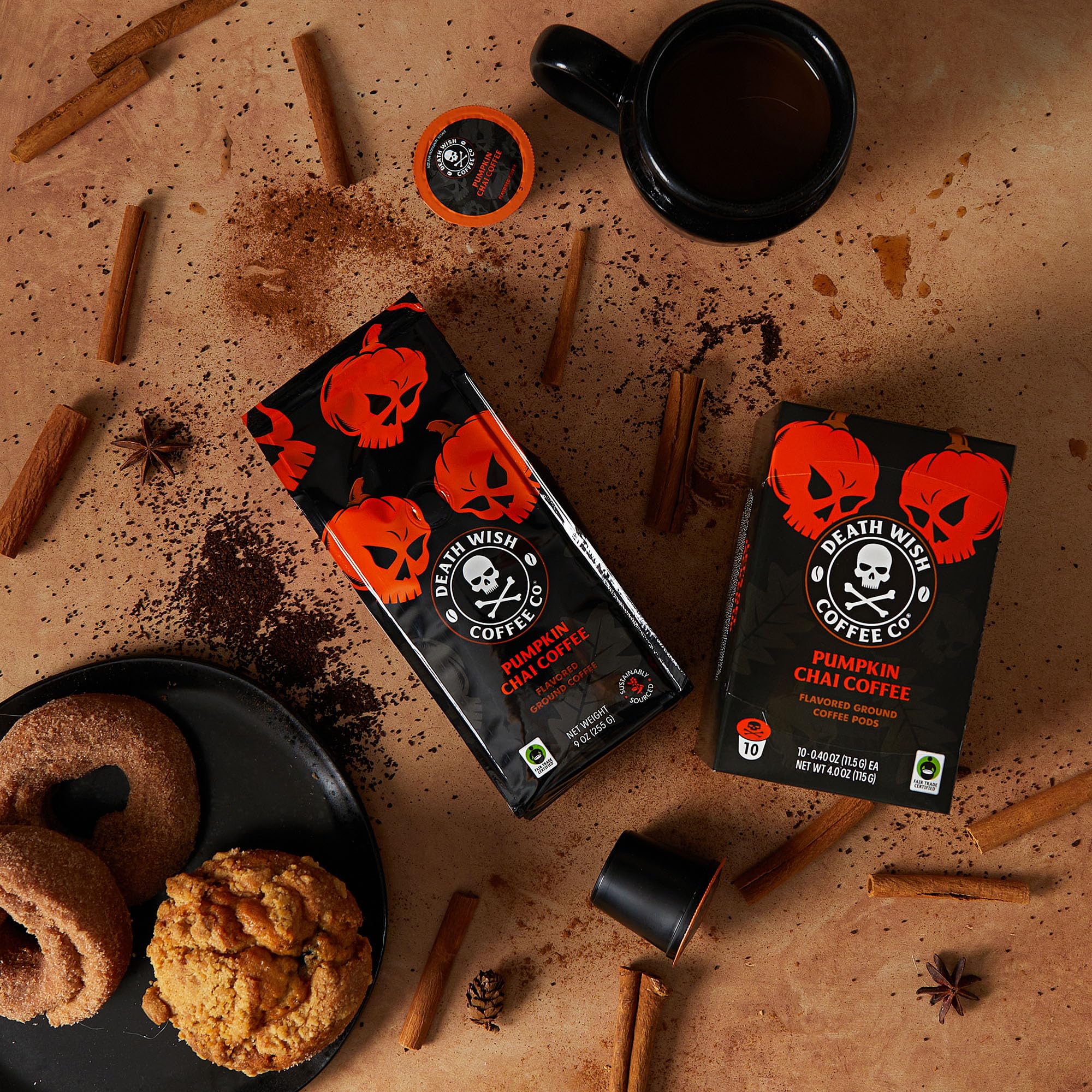 Death Wish Coffee pumpkin ground packaging shown, ideal for seasonal gifting and bold mornings