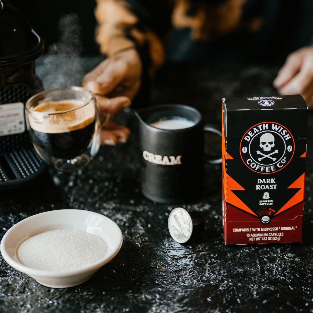 Death Wish Coffee robusta arabica blend for bold taste and caffeine.