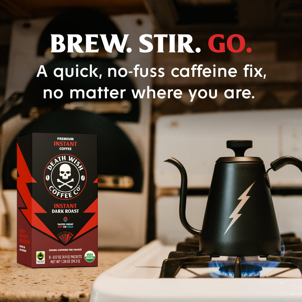 Death Wish Coffee organic blend box and packets in kitchen setting.