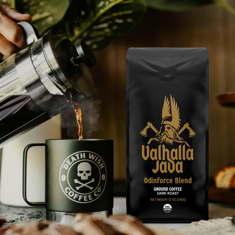 Death Wish Coffee Valhalla Java bag back confirms USDA Organic and Fair Trade credentials.