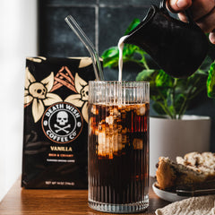 Death Wish Vanilla aroma rising from a steaming cup for a bold morning pick-me-up.